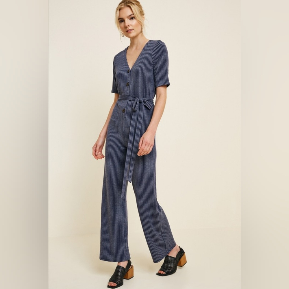 Jumpsuit Navy Blue Stripe NWT Wide Leg Short Sleeve Button Down